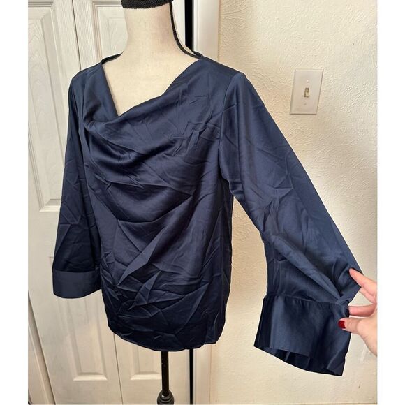 Halston Women's Cowl Neck Draped Blouse Navy Blue Size Medium NWT - Picture 7 of 7